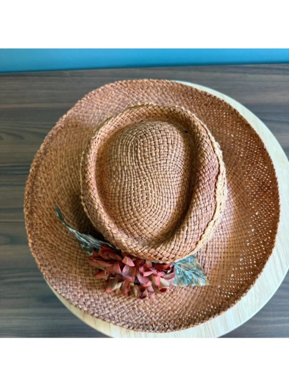 Vintage 1990s Womens Woven Straw Hat W/ Crochet Band & Faux Sunflower 22.5" or L - Picture 6 of 10